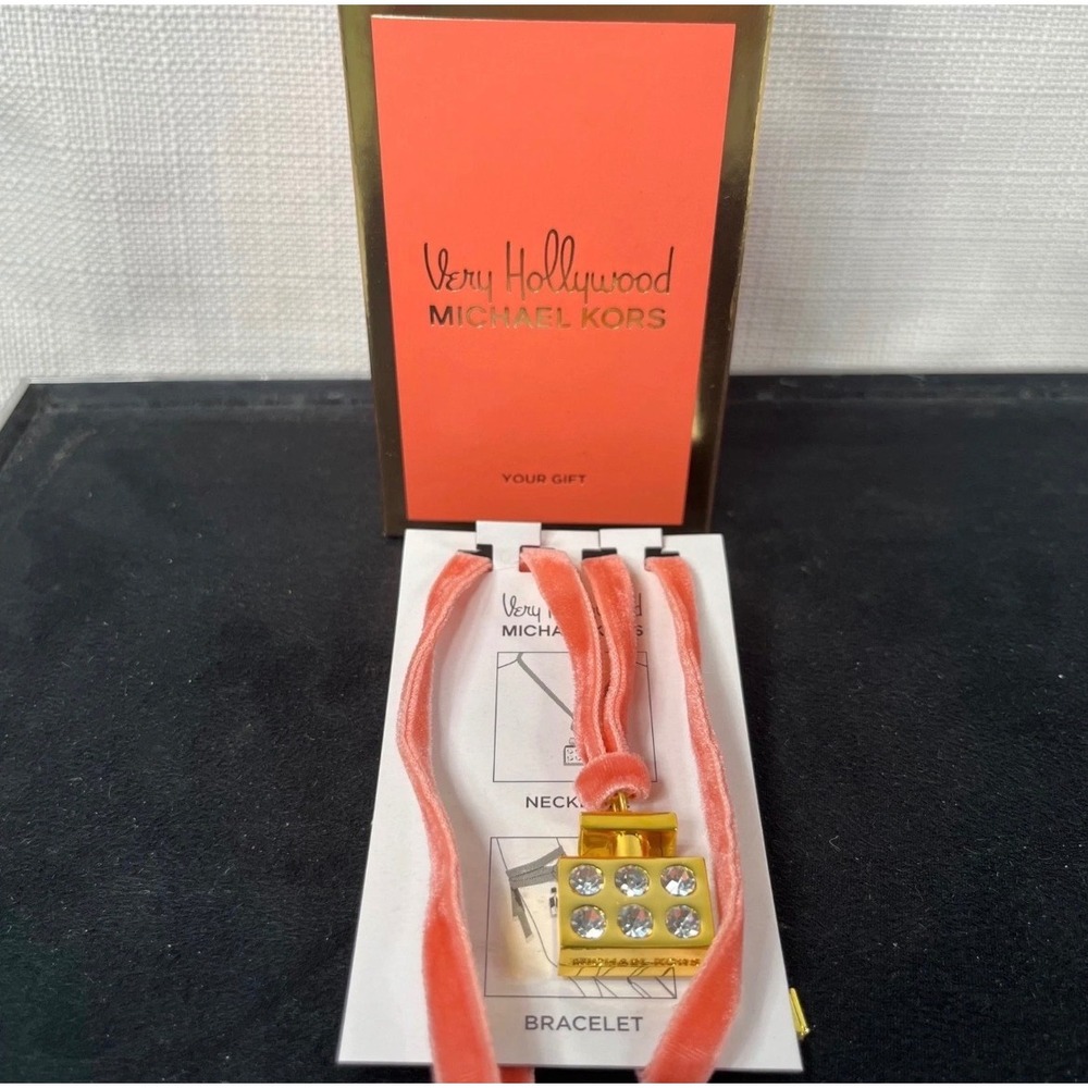 Michael Kors Very Hollywood Perfume Bottle Ribbon Necklace Bracelet Gold Tone